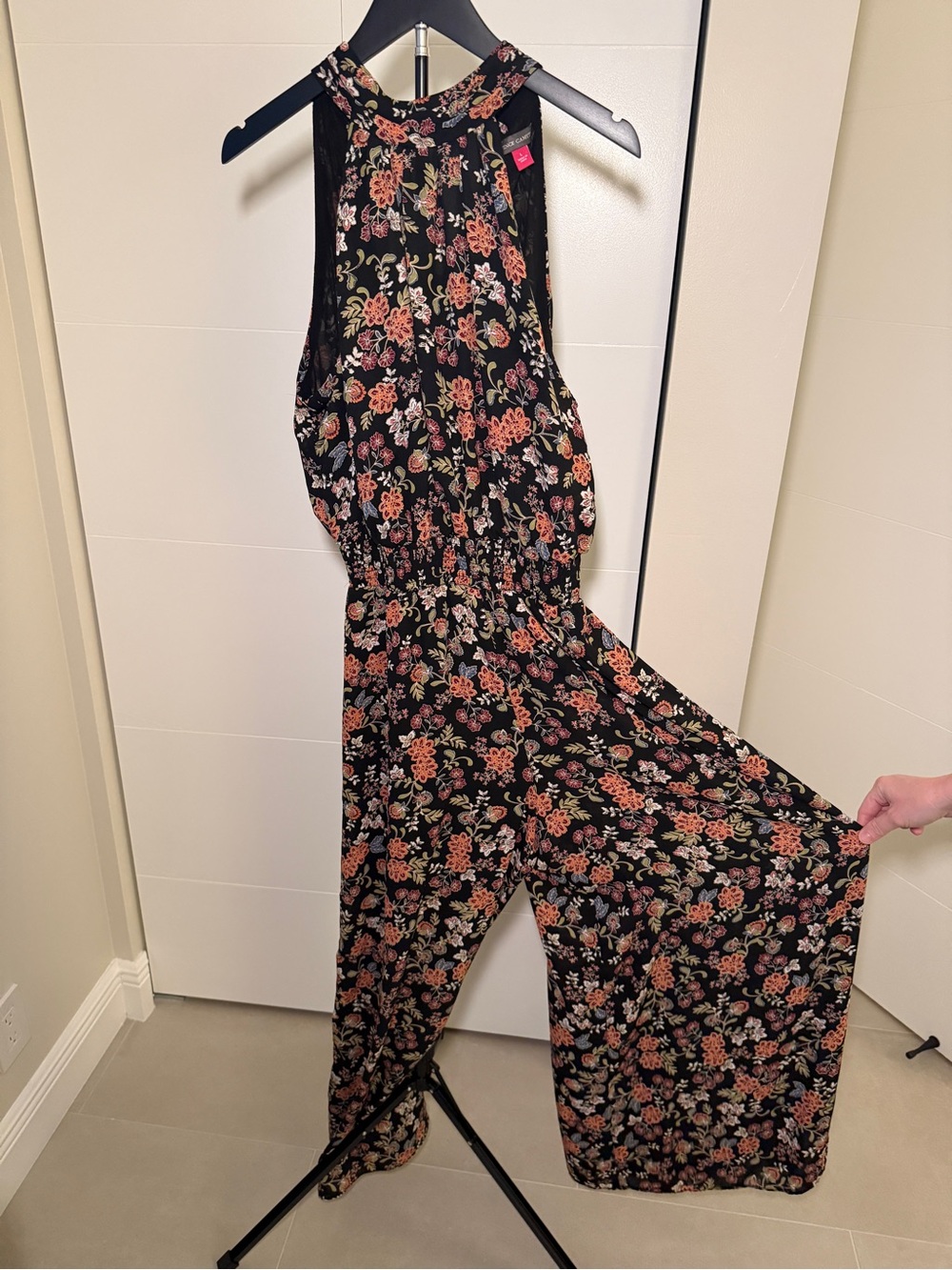 Vince Camuto Black Floral Halter Wide-Leg Jumpsuit with Rust and Cream Flowers